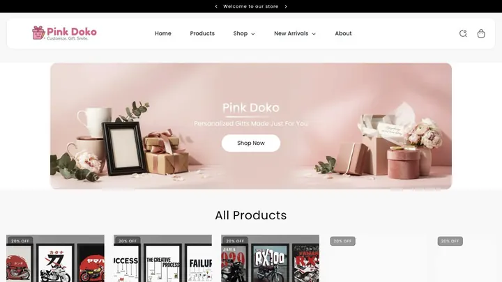 Pink Doko storefront built with Zalient Shop